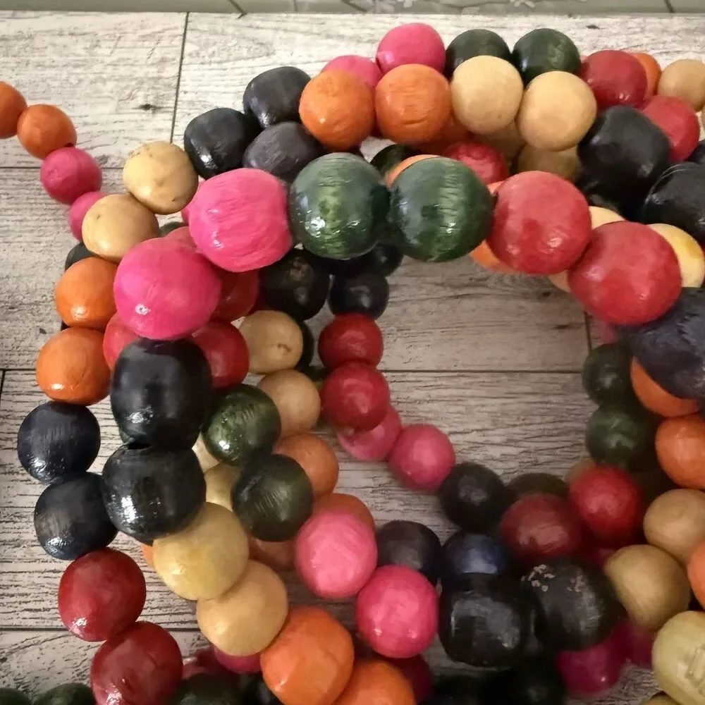 Vintage 9 ft WOODEN BEAD Christmas Tree Garland Strands Multi-Color LOT OF 2